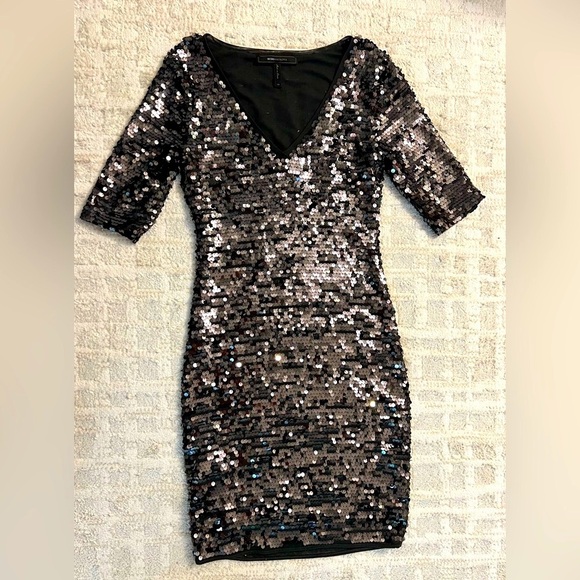 BCBGMaxAzria Black Sequin Bodycon Midi Dress - Picture 3 of 15